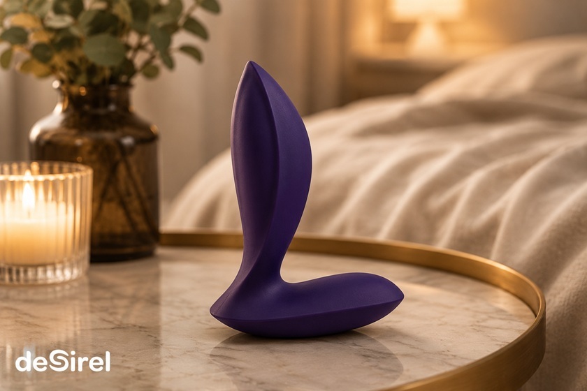 Jouet anal violet pour débutant.e.s posé dans une chambre chaleureuse et discrète | Sex Shop France Desirel.fr