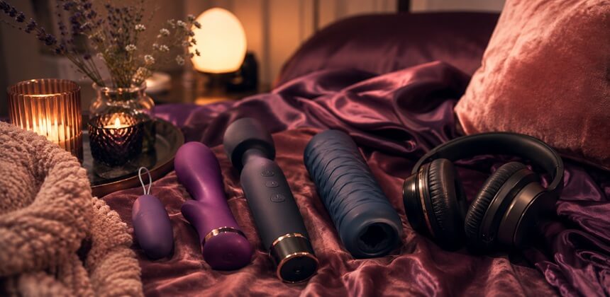 Des sextoys silencieux et un casque sur du satin violet créent une ambiance intime d’ASMR sexuel | Sex Shop France Desirel.fr